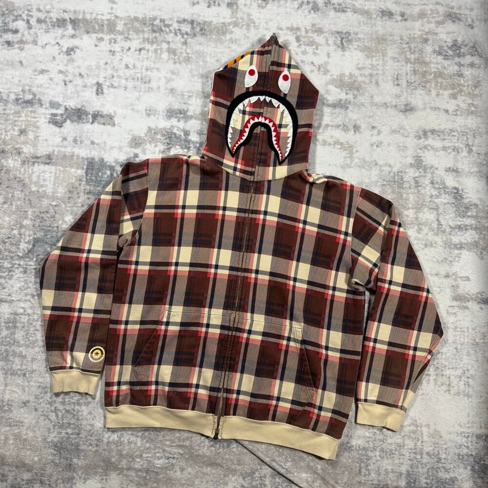 Authentic Bape 2000’s Plaid Tartan Shark Full Zip Hoodie XL